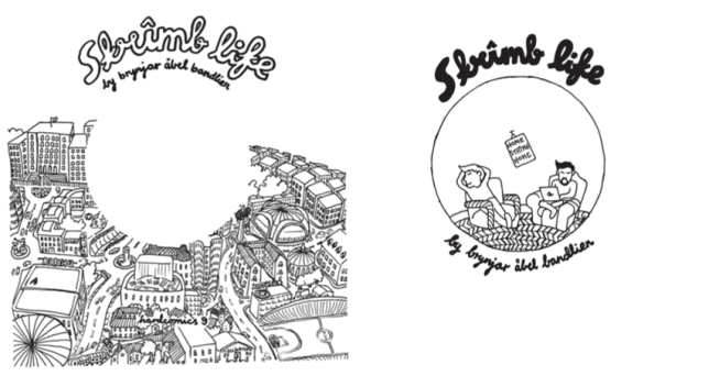 Fig. 1. Two-part cover of Strîmb Life, showing Brynjar and Manuel through a peephole.