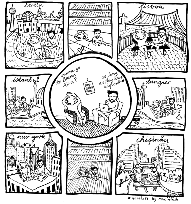 Fig. 4. Snapshots of Brynjar and Manuel’s travels through Berlin, Lisbon, Istanbul, Tangier, New York, and Chişinău.