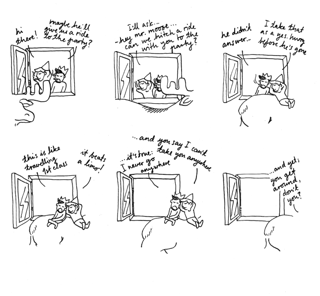 Fig. 8. Brynjar and Manuel hitch a ride on a moose’s back on their way to a party.