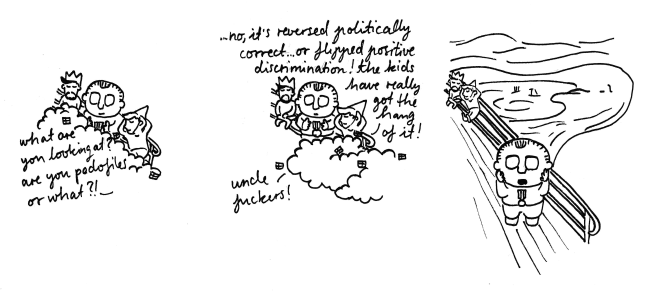 Fig. 9. Oskar’s reaction after they are insulted by kids shouting homophobic slurs at them during an Oslo parade.