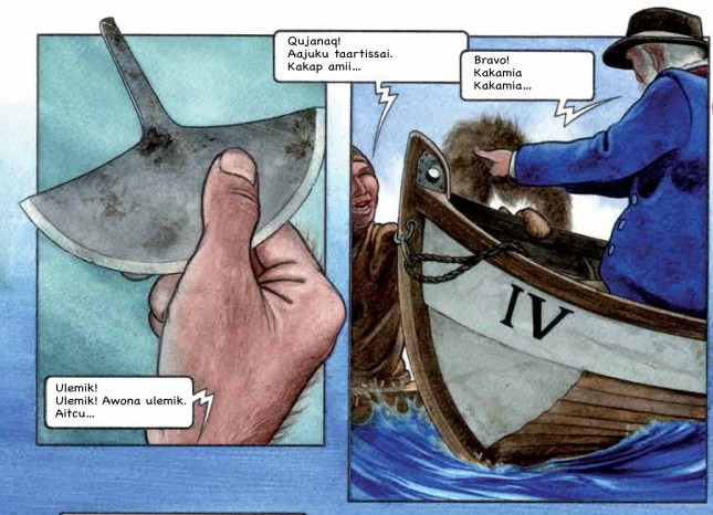 Figure 6b: Two drawings from the third book, The Gift. One of the aims of this book is to show meetings between different cultures. These drawings show a meeting between the Inuit and the Dutch whale hunters.
